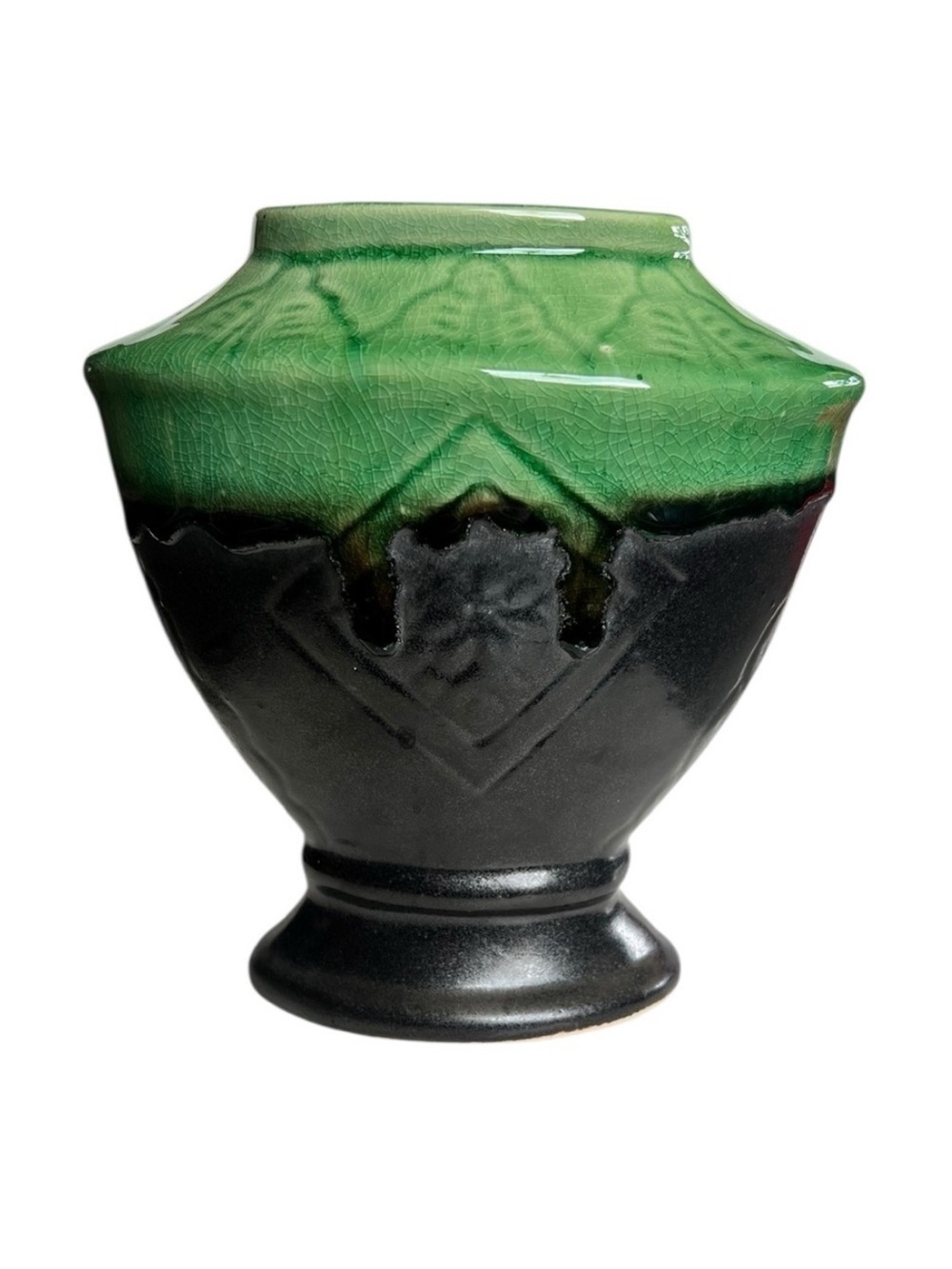 Vintage Art Deco Green & Black Drip Ceramic Vase Collectible Vietnam - Picture 1 of 9